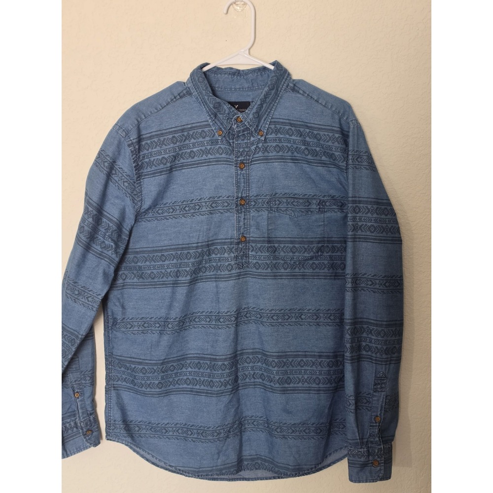 American Eagle Outfitters Mens Size Large Blue Tribal Print Long Sleeve 1/4 butt